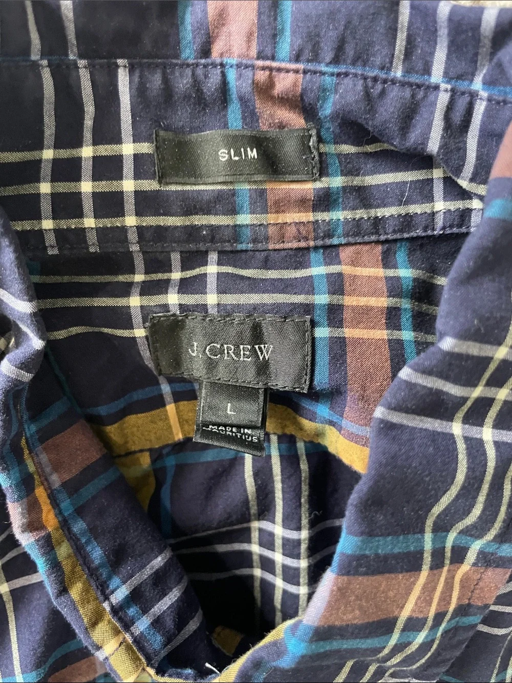 J. Crew Navy Plaid Button-Down Shirt with Yellow and Rust Stripes 100% cotton.